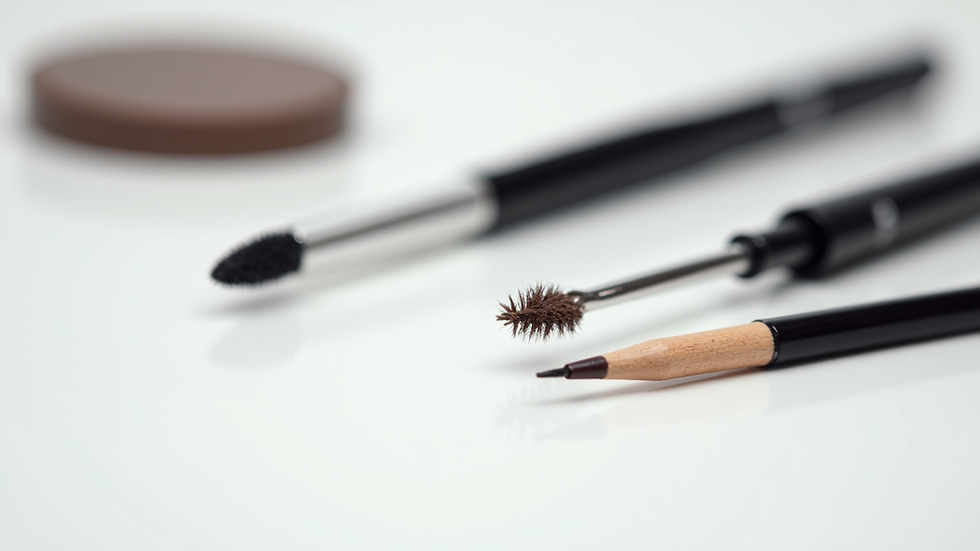 Eye-level view of brow tools including spoolie, tweezers, and brow pencil on a white surface