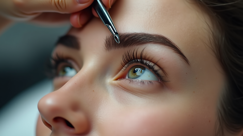 Eye-level view of a brow shaping session with precision tools
