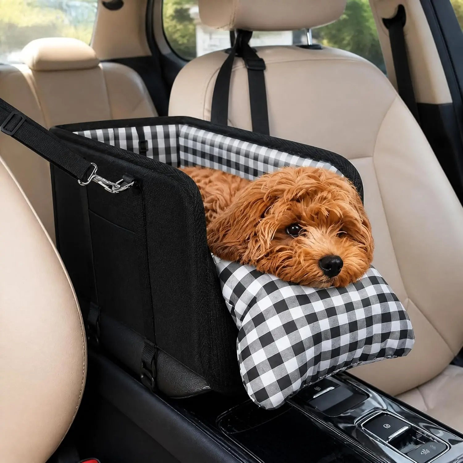 Portable Console Dog Car Seats,Center Seat Booster with Safety Leash,Pet Seat wi