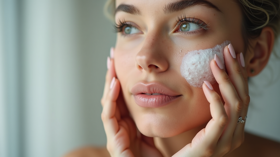 Close-up view of a woman applying a skincare product on her face