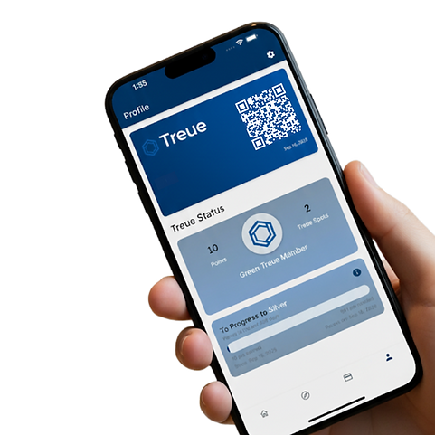 Hand holding phone showing Treue loyalty app, profile, QR code, and status. Treue Customers loyalty app nz.