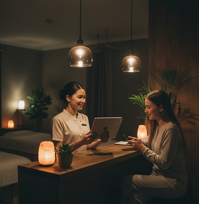 Spa receptionist assisting a customer with their massage subscription, holding a tablet, in a dimly lit room.