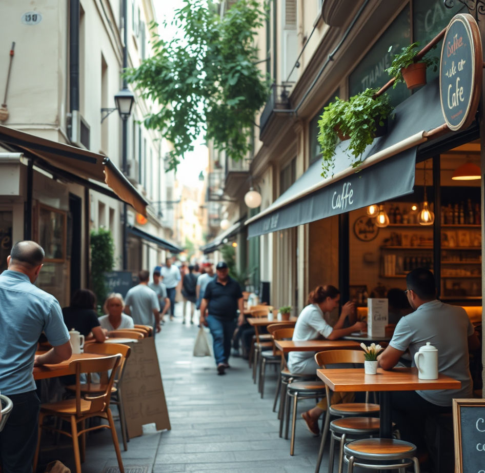People sit at outdoor café tables along a narrow street lined with buildings.