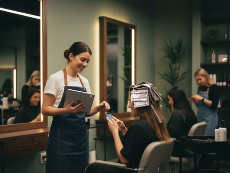 A stylist consults a tablet while a client relaxes with foil in her hair at a modern salon.