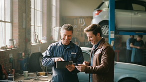 Two men in a garage, smiling, looking at a tablet. One wears a blue jumpsuit, the other a brown jacket. Cars and tools in the background.