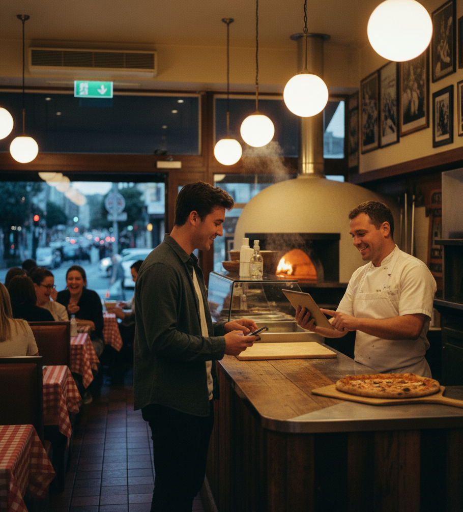 Pizza chef smiles at customer holding a phone in cozy pizzeria. Wood-fired oven and checkerboard tablecloths create a warm, inviting scene.