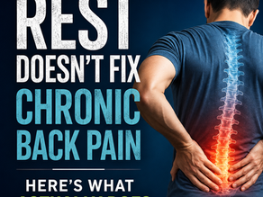 Person holding their lower back with an illuminated spine, representing chronic back pain and evidence-based treatment beyond rest.