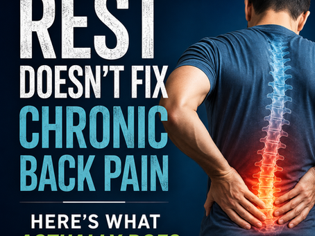 Person holding their lower back with an illuminated spine, representing chronic back pain and evidence-based treatment beyond rest.