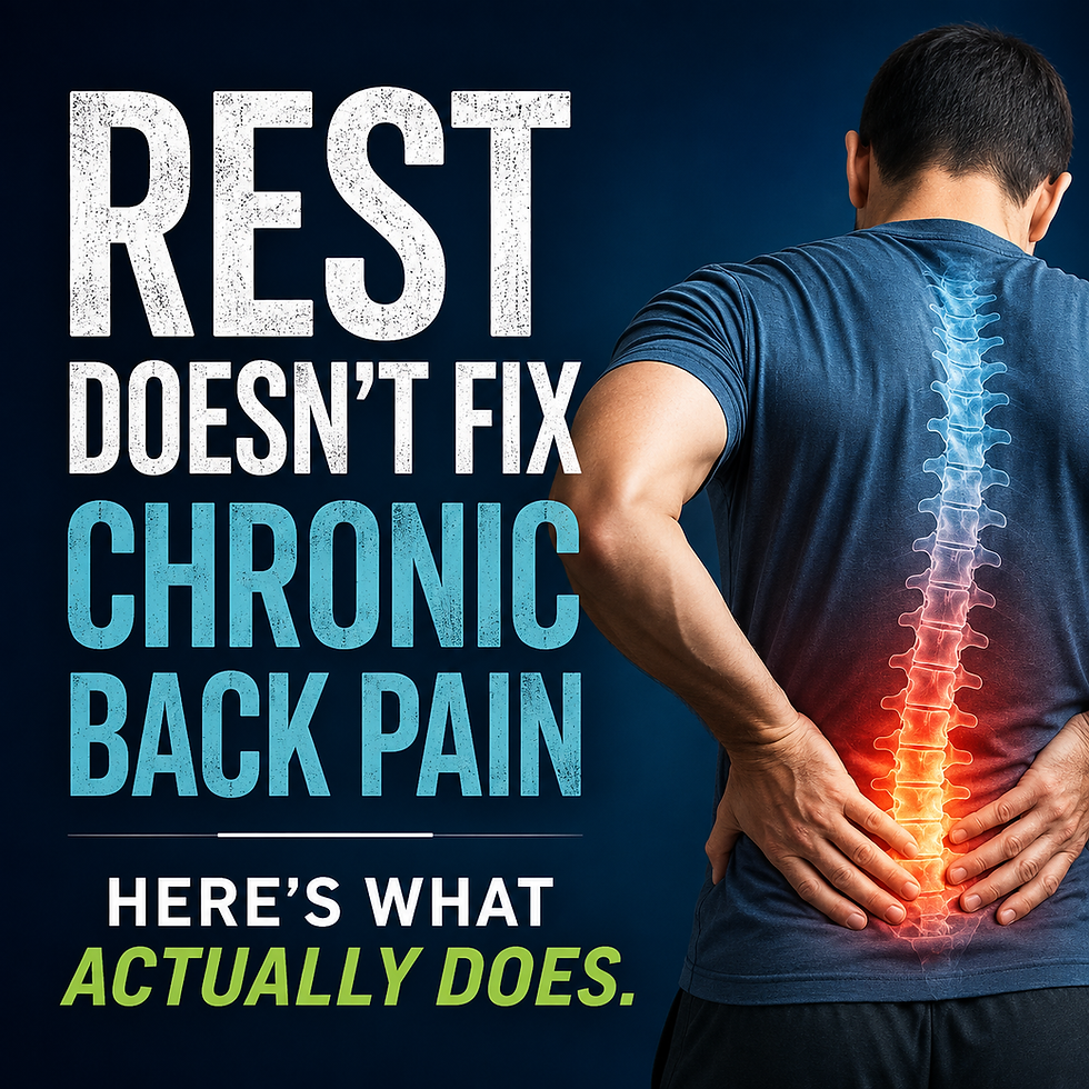 Person holding their lower back with an illuminated spine, representing chronic back pain and evidence-based treatment beyond rest.