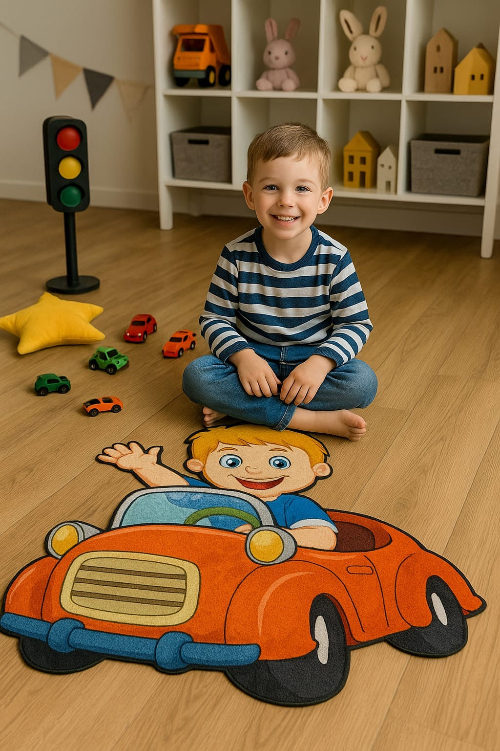 üstü açık kırmızı araba ve çocuk sürücü desenli çocuk halısı üzerinde oturan çocuk görseli