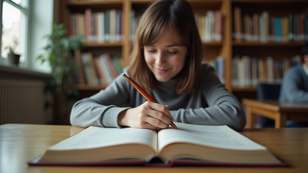 Eye-level view of a student reading a German textbook