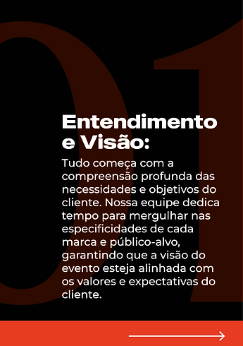 Passo 1 da metodologia
1. Entendimento e Visão: Tudo começa com a compreensão profunda das necessidades e objetivos do cliente. Nossa equipe dedica tempo para mergulhar nas especificidades de cada marca e público-alvo, garantindo que a visão do evento esteja alinhada com os valores e expectativas do cliente.
