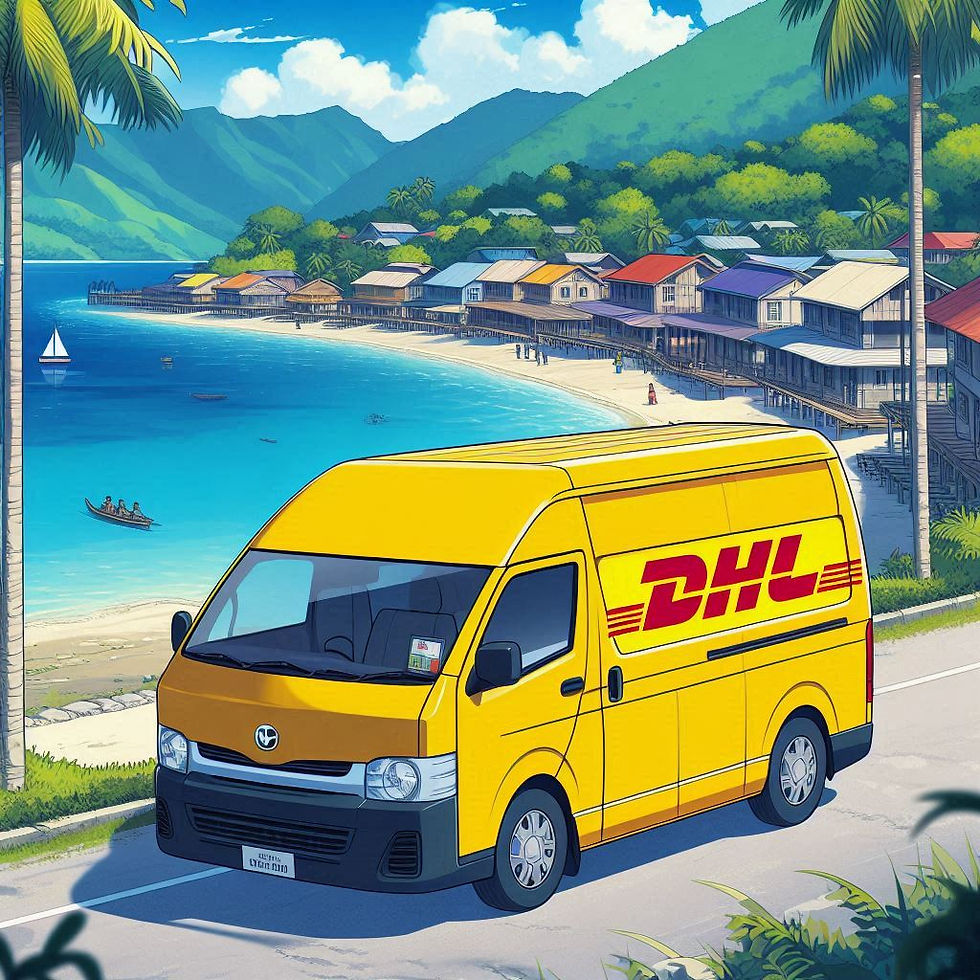 image of a DHL van in Vanuatu on a shipment route. The van is yellow representing the DHL colors. The background and scenery is indicative of Jamaica.
