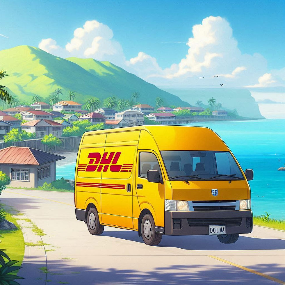 image of a DHL van in Wallis and Futuna on a shipment route. The van is yellow representing the DHL colors. The background and scenery is indicative of Jamaica.