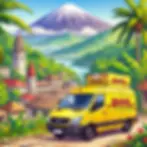 image of a DHL van in Cameroon on a shipment route. The van is yellow representing the DHL colors. The background and scenery is indicative of Cameroon.