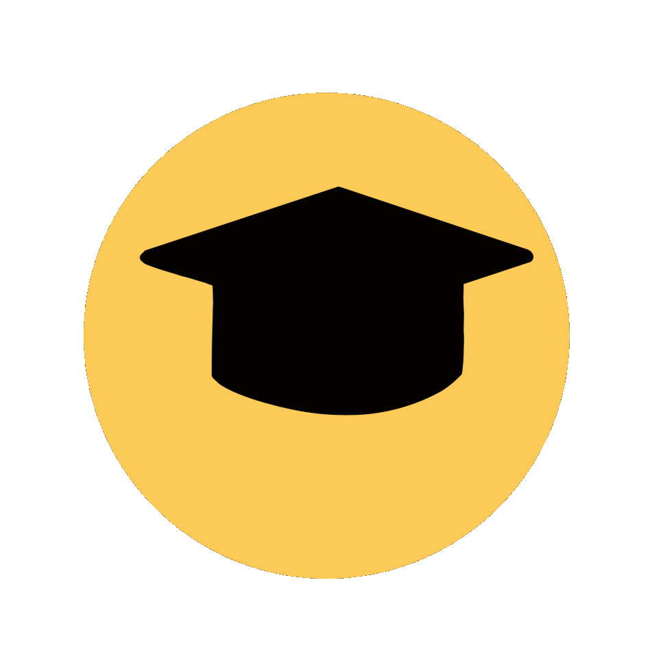 An icon of a graduation cap in black on a yellow circle background, with a blue outer ring.