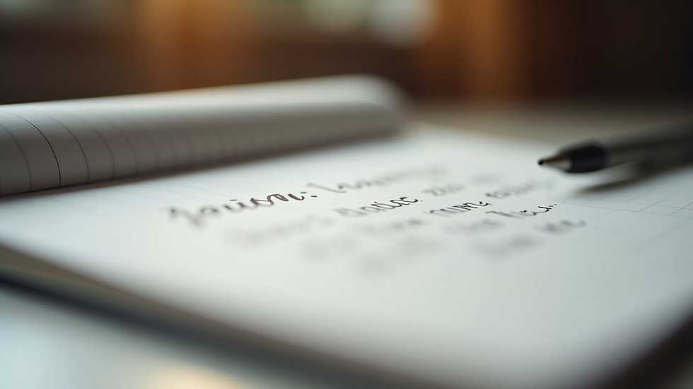 Close-up view of a notebook with handwritten notes and a pen