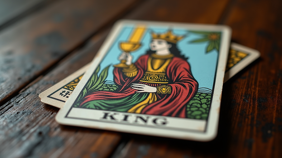 Close-up view of a tarot deck with the King of Cups card on top
