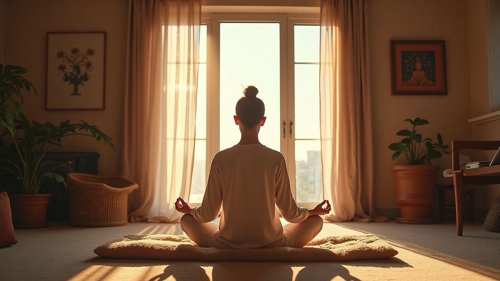 Eye-level view of a cozy room with a person meditating near a window