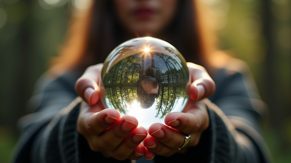 Close-up view of a person holding a crystal ball with soft light