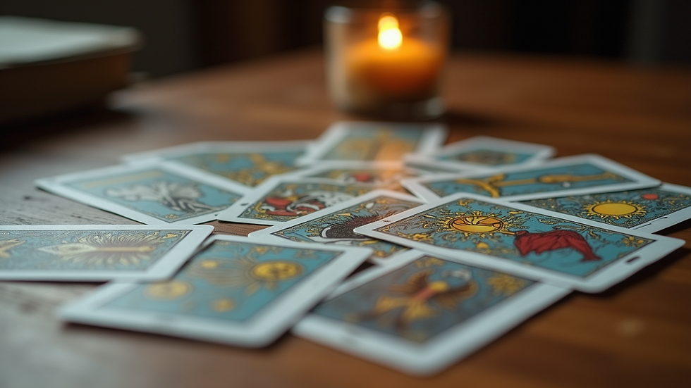 Eye-level view of tarot cards spread on a wooden table