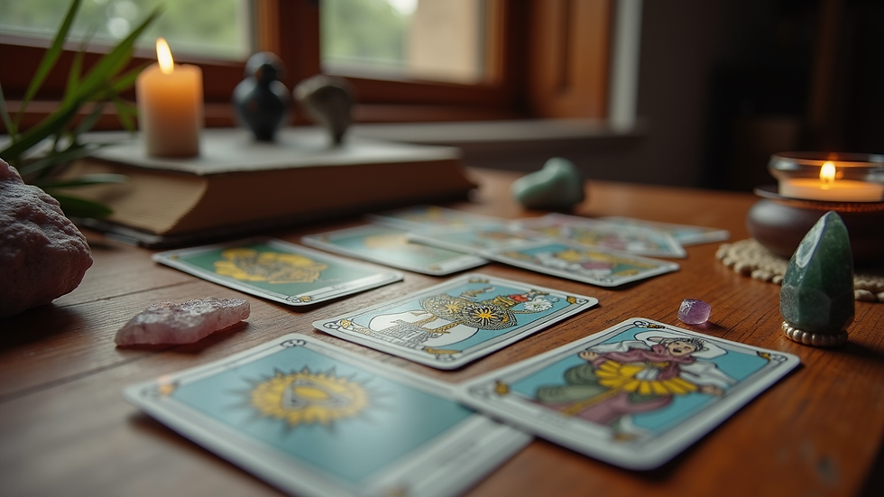 Eye-level view of a wooden table with tarot cards and crystals