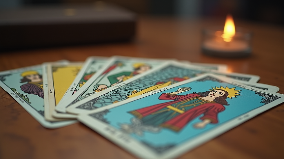 Close-up view of tarot cards laid out on a wooden table