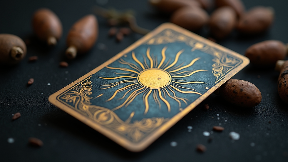 Close-up view of a tarot card with the Sun symbol on a dark background