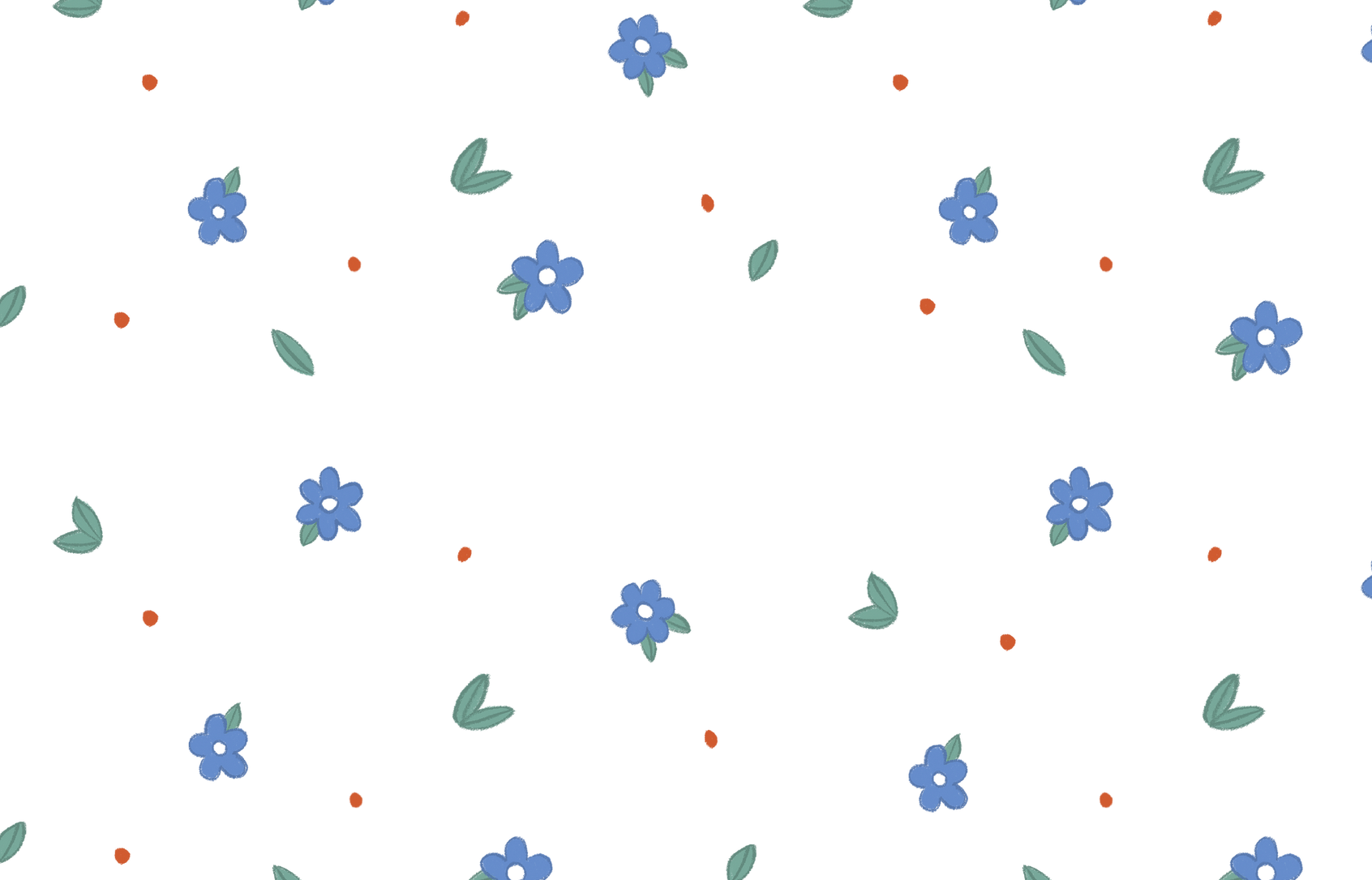 Motif de fleurs bleues, feuilles vertes et point orange