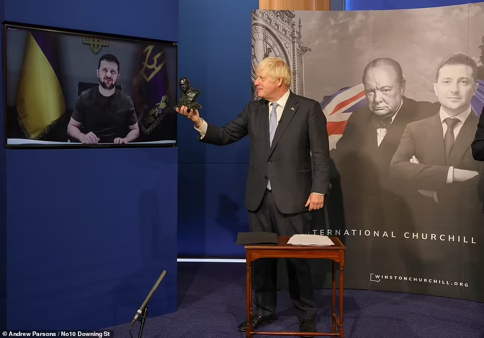 Boris Johnson presents a Sir Winston Churchill Leadership Award to the President of Ukraine content media