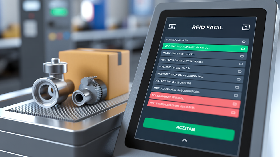 Auto atendimento industrial com peças metálicas e caixa; painel exibe RFID FÁCIL e botão ACEITAR.