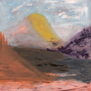 Abstract landscape in ochre, violet and grey suggeseting distant horizon at dusk.