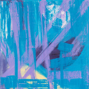 Abstract composition in teal and violet with layered geometric forms and intersecting planes. 