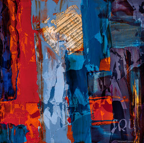 Abstract collage with torn papers, blue and tan paint, and layered photographic fragments.