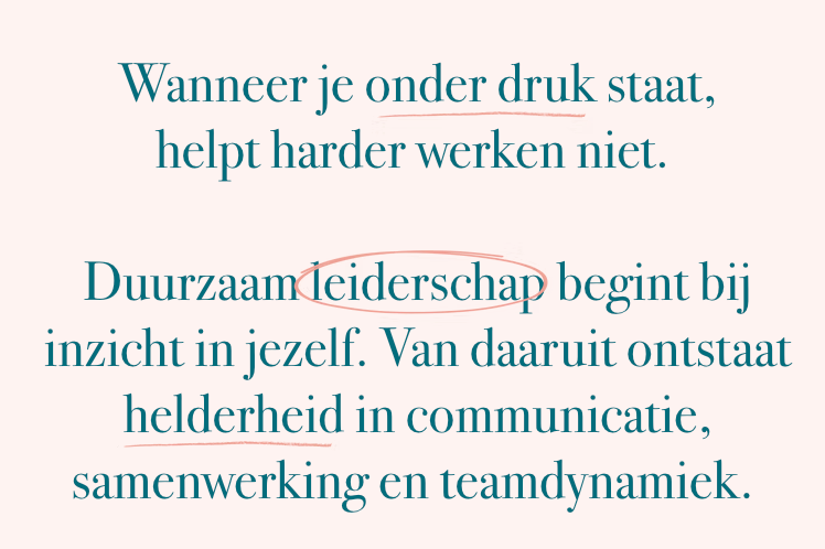 Wanneer je onder druk staat, helpt harder werken niet. Duurzaam leiderschap begint bij inzicht in jezelf. Van daaruit ontstaat helderheid in communicatie, samenwerking en teamdynamiek.