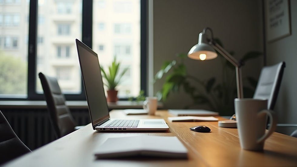Vista lateral de una mesa de trabajo con bocetos de diseño y una computadora portátil