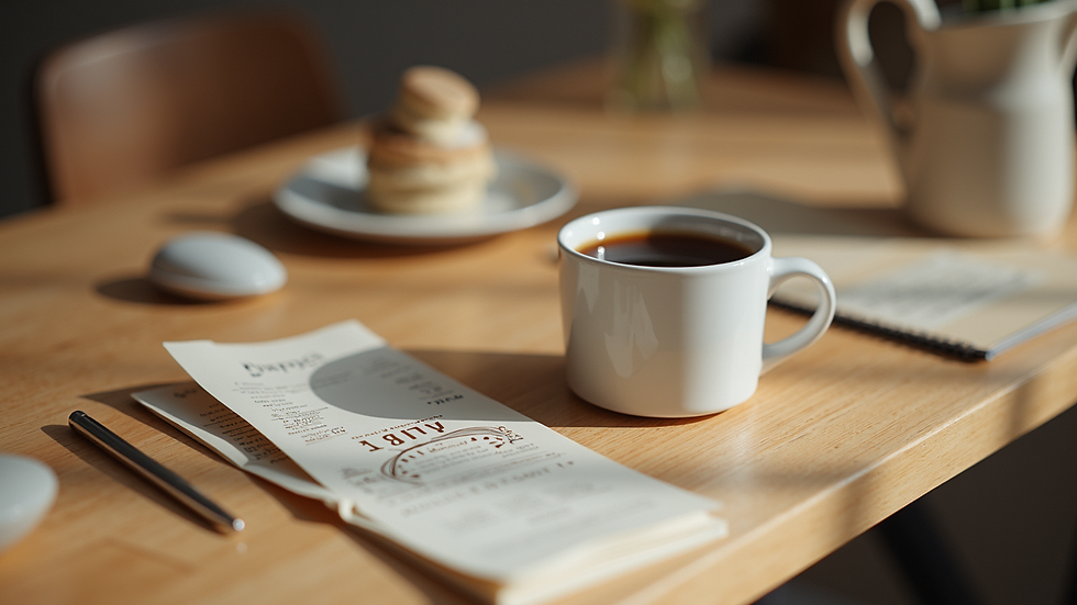 Vista aérea de un espacio creativo con materiales de marketing y una taza de café