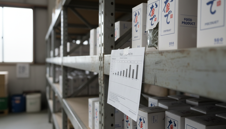 Eye-level view of a printed regulatory timeline placed beside sealed food packages in a warehouse.