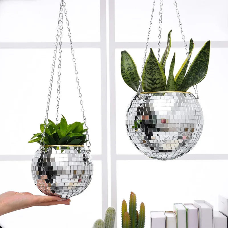 Disco Ball Hanging Flower Planter - Bohemian Rope Mirror Basket for Indoor Plant