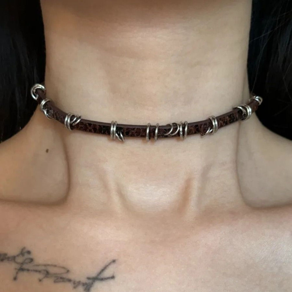 Y2K Fashion Gothic Leather Chain Choker Necklace for Women Men Trendy Vintage Go