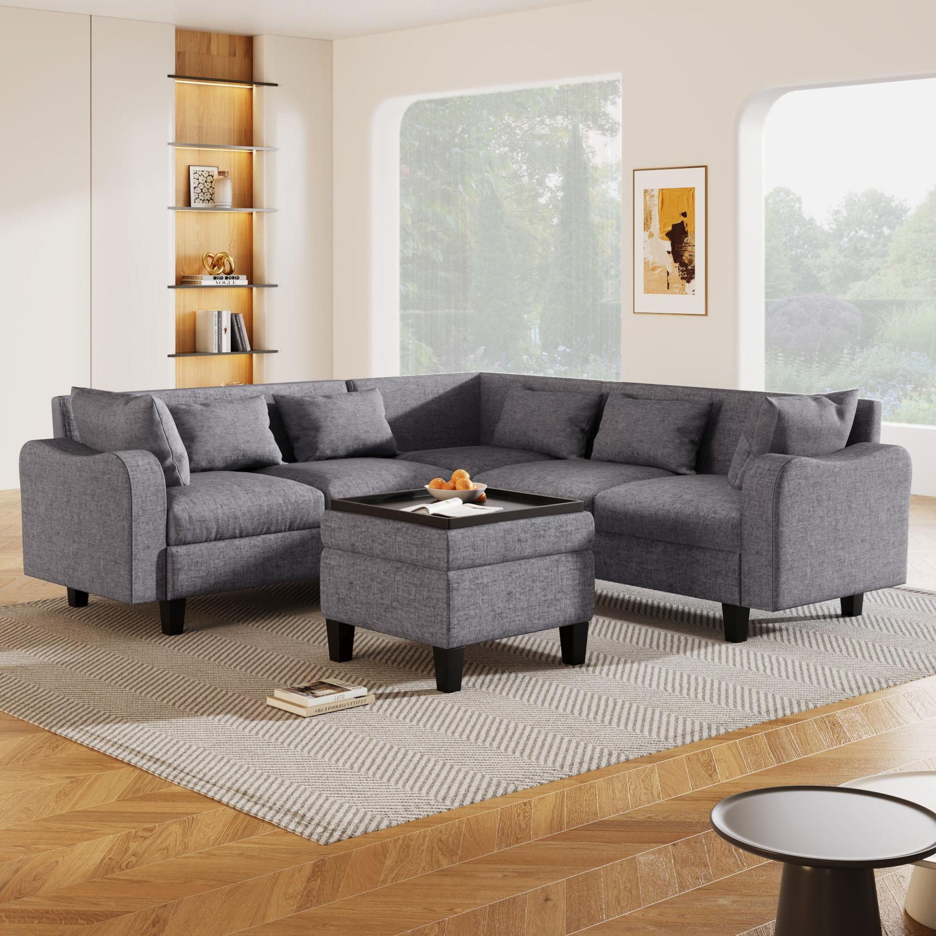 87" Modern Sectional Sofa with coffee table,6-Seat Couch Set with Storage