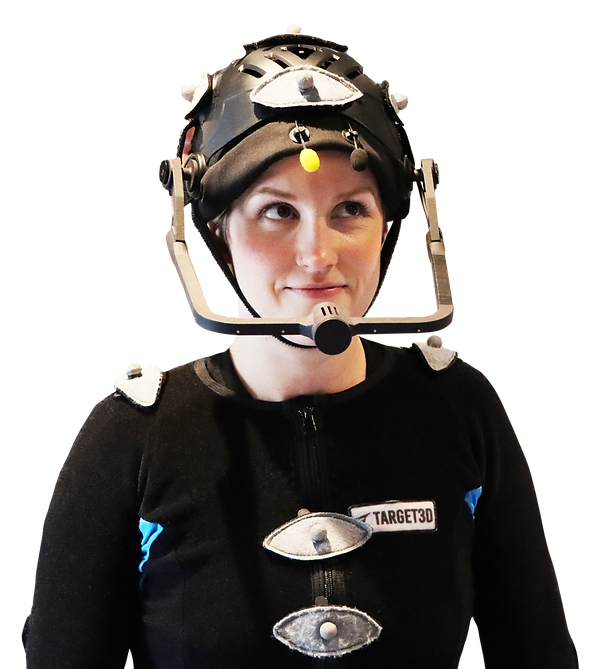 Leonie Schiesling, actor, wearing a motion capture facial helmet by Facegood and wearing a motion capture suit with Target3D on the front