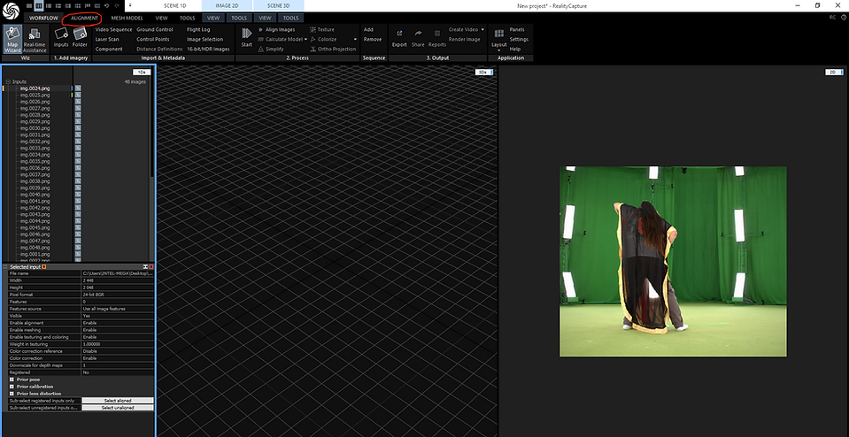 RealityCapture screenshot with alignment circled and a volumetric capture example on the right
