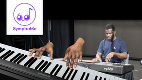 A man plays a piano with a digital piano and fingers overlaid