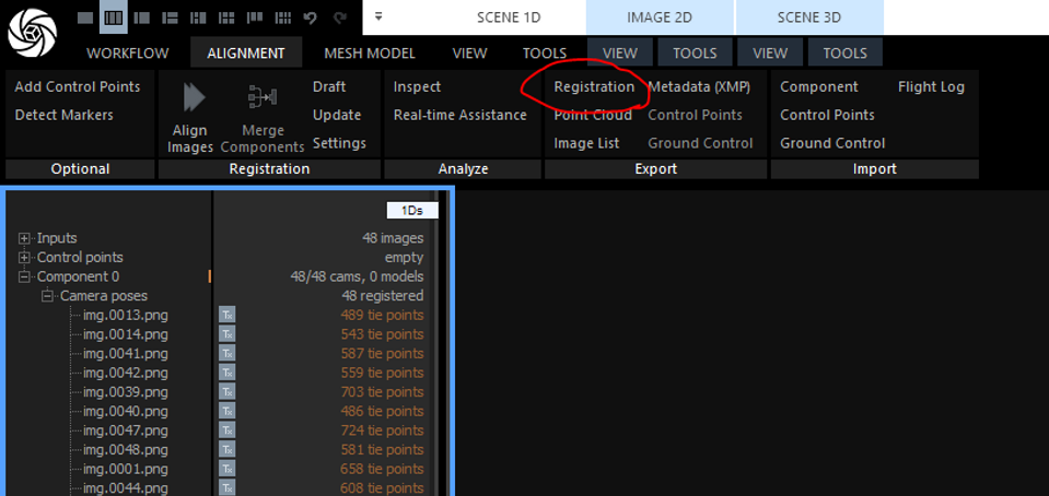RealityCapture screenshot showing how to choose registration button