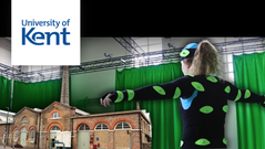 a motion capture actor stands in a t-pose, with buildings of the Uni of Kent on one side, and a mocap volume in the background
