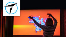 a person with their hands in the air standing in front of an interactive installation with flowers