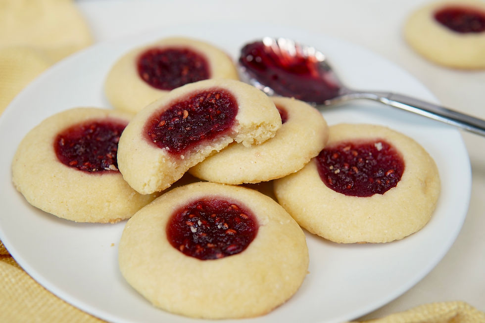 Thumbnail: A plate of delectable raspberry almond thumbprint cookies, freshly homemade and baked locally in Riverdale, Bronx