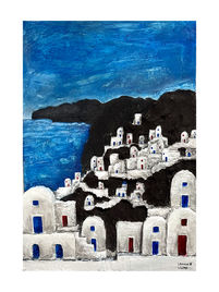 Textured painting of Santorini with white cave houses on volcanic cliffs above a deep blue sea and sky in Oia, Greece.