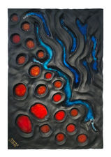 Abstract volcanic mixed media artwork made with Santorini volcanic materials and liquid glass featuring flowing blue forms and glowing red lava-like elements on a dark textured background.